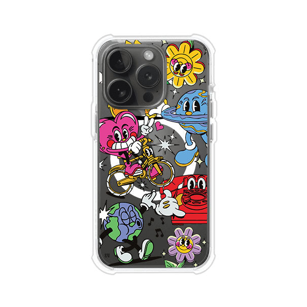 Funda personalizada para iPhone con ilustraciones coloridas de estilo pop art, creada por Nelson Art; diseño con flores, planetas, manos y personajes animados, producto de Remark MX