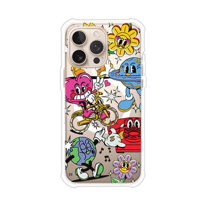 Funda personalizada para iPhone con ilustraciones coloridas de estilo pop art, creada por Nelson Art; diseño con flores, planetas, manos y personajes animados, producto de Remark MX