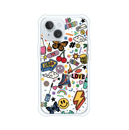 Funda personalizada para iPhone con diseño de stickers coloridos estilo pop art, con mensajes como 'Love', 'Glow', 'Mood' y 'No Regrets', ideal para vibes positivas; producto de Remark MX