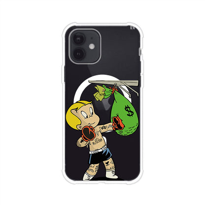 Funda para iPhone con dibujo de Richie Rich como boxeador sosteniendo una bolsa de dinero Remark Mx