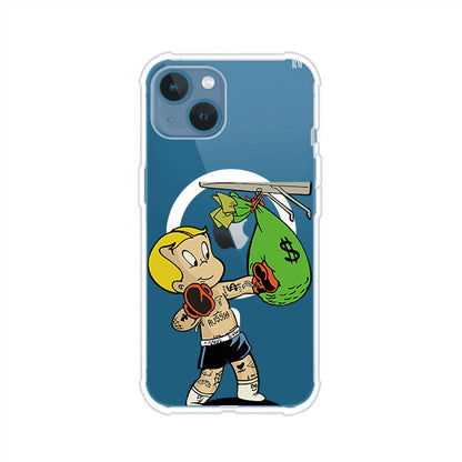 Funda para iPhone con dibujo de Richie Rich como boxeador sosteniendo una bolsa de dinero Remark Mx