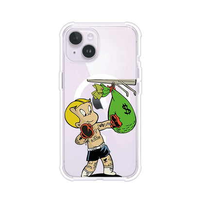 Funda para iPhone con dibujo de Richie Rich como boxeador sosteniendo una bolsa de dinero Remark Mx