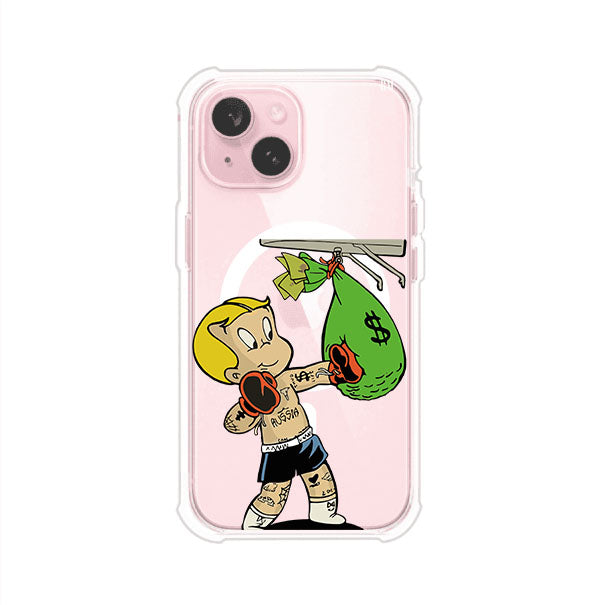 Funda para iPhone con dibujo de Richie Rich como boxeador sosteniendo una bolsa de dinero Remark Mx