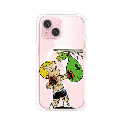 Funda para iPhone con dibujo de Richie Rich como boxeador sosteniendo una bolsa de dinero Remark Mx