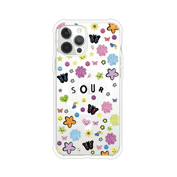 Funda para iPhone inspirada en el álbum Sour de Olivia Rodrigo. Diseño con stickers de mariposas, caritas felices, flores y estrellas. Estilo aesthetic, juvenil y divertido. Producto de Remark Mx