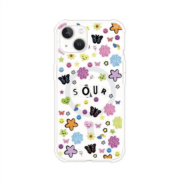 Funda para iPhone inspirada en el álbum Sour de Olivia Rodrigo. Diseño con stickers de mariposas, caritas felices, flores y estrellas. Estilo aesthetic, juvenil y divertido. Producto de Remark Mx