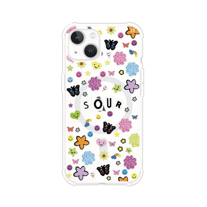 Funda para iPhone inspirada en el álbum Sour de Olivia Rodrigo. Diseño con stickers de mariposas, caritas felices, flores y estrellas. Estilo aesthetic, juvenil y divertido. Producto de Remark Mx