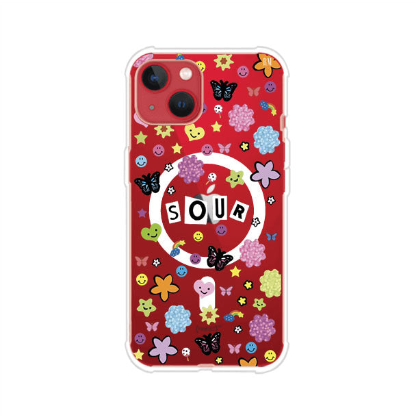 Funda para iPhone inspirada en el álbum Sour de Olivia Rodrigo. Diseño con stickers de mariposas, caritas felices, flores y estrellas. Estilo aesthetic, juvenil y divertido. Producto de Remark Mx