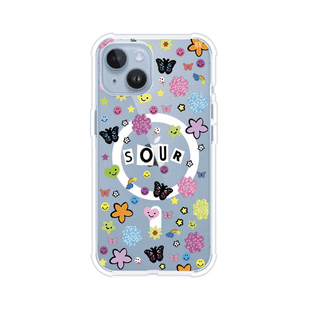 Funda para iPhone inspirada en el álbum Sour de Olivia Rodrigo. Diseño con stickers de mariposas, caritas felices, flores y estrellas. Estilo aesthetic, juvenil y divertido. Producto de Remark Mx