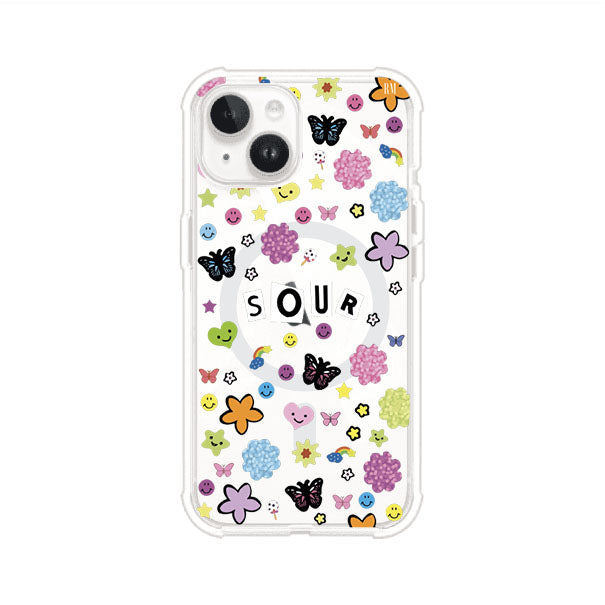 Funda para iPhone inspirada en el álbum Sour de Olivia Rodrigo. Diseño con stickers de mariposas, caritas felices, flores y estrellas. Estilo aesthetic, juvenil y divertido. Producto de Remark Mx
