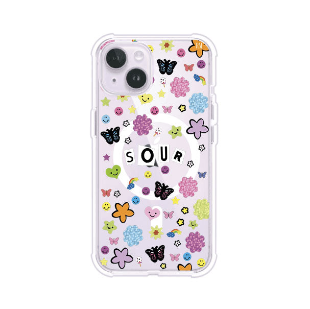 Funda para iPhone inspirada en el álbum Sour de Olivia Rodrigo. Diseño con stickers de mariposas, caritas felices, flores y estrellas. Estilo aesthetic, juvenil y divertido. Producto de Remark Mx