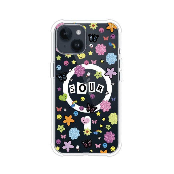 Funda para iPhone inspirada en el álbum Sour de Olivia Rodrigo. Diseño con stickers de mariposas, caritas felices, flores y estrellas. Estilo aesthetic, juvenil y divertido. Producto de Remark Mx