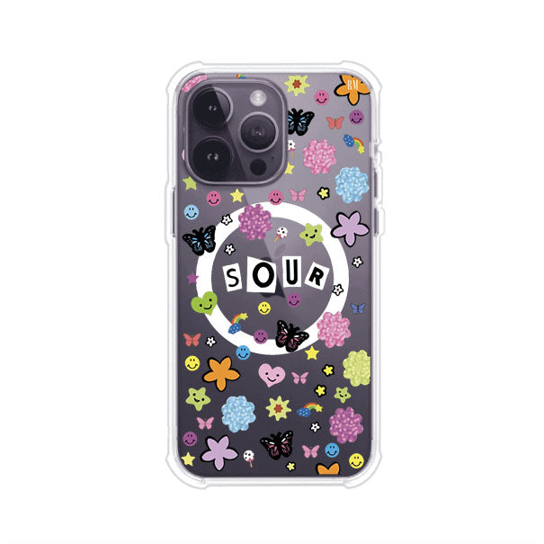 Funda para iPhone inspirada en el álbum Sour de Olivia Rodrigo. Diseño con stickers de mariposas, caritas felices, flores y estrellas. Estilo aesthetic, juvenil y divertido. Producto de Remark Mx