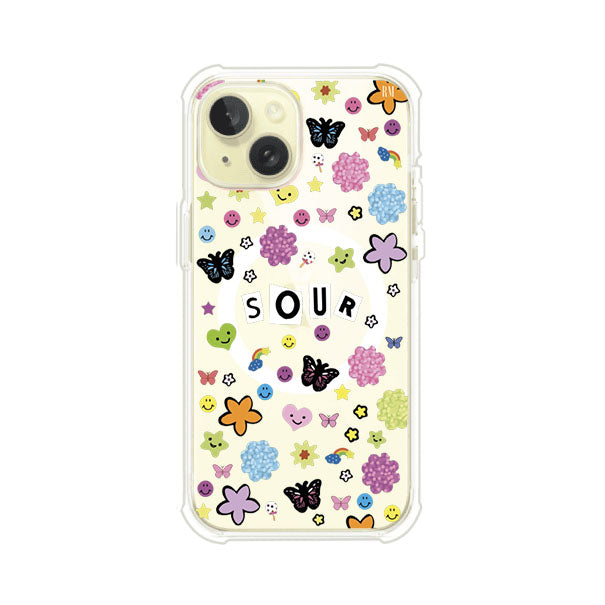 Funda para iPhone inspirada en el álbum Sour de Olivia Rodrigo. Diseño con stickers de mariposas, caritas felices, flores y estrellas. Estilo aesthetic, juvenil y divertido. Producto de Remark Mx