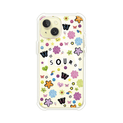 Funda para iPhone inspirada en el álbum Sour de Olivia Rodrigo. Diseño con stickers de mariposas, caritas felices, flores y estrellas. Estilo aesthetic, juvenil y divertido. Producto de Remark Mx