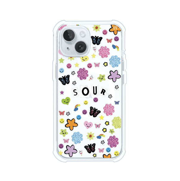 Funda para iPhone inspirada en el álbum Sour de Olivia Rodrigo. Diseño con stickers de mariposas, caritas felices, flores y estrellas. Estilo aesthetic, juvenil y divertido. Producto de Remark Mx