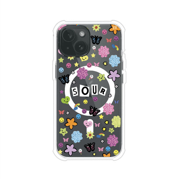 Funda para iPhone inspirada en el álbum Sour de Olivia Rodrigo. Diseño con stickers de mariposas, caritas felices, flores y estrellas. Estilo aesthetic, juvenil y divertido. Producto de Remark Mx