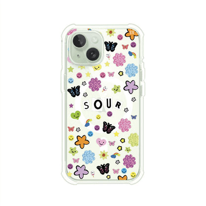 Funda para iPhone inspirada en el álbum Sour de Olivia Rodrigo. Diseño con stickers de mariposas, caritas felices, flores y estrellas. Estilo aesthetic, juvenil y divertido. Producto de Remark Mx