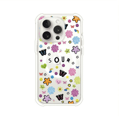 Funda para iPhone inspirada en el álbum Sour de Olivia Rodrigo. Diseño con stickers de mariposas, caritas felices, flores y estrellas. Estilo aesthetic, juvenil y divertido. Producto de Remark Mx