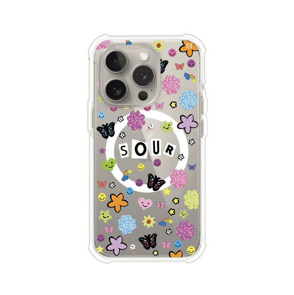Funda para iPhone inspirada en el álbum Sour de Olivia Rodrigo. Diseño con stickers de mariposas, caritas felices, flores y estrellas. Estilo aesthetic, juvenil y divertido. Producto de Remark Mx