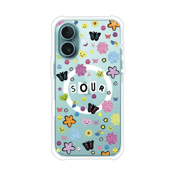 Funda para iPhone inspirada en el álbum Sour de Olivia Rodrigo. Diseño con stickers de mariposas, caritas felices, flores y estrellas. Estilo aesthetic, juvenil y divertido. Producto de Remark Mx