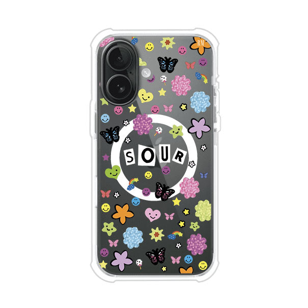 Funda para iPhone inspirada en el álbum Sour de Olivia Rodrigo. Diseño con stickers de mariposas, caritas felices, flores y estrellas. Estilo aesthetic, juvenil y divertido. Producto de Remark Mx