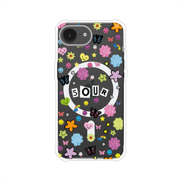 Funda para iPhone inspirada en el álbum Sour de Olivia Rodrigo. Diseño con stickers de mariposas, caritas felices, flores y estrellas. Estilo aesthetic, juvenil y divertido. Producto de Remark Mx