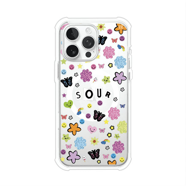 Funda para iPhone inspirada en el álbum Sour de Olivia Rodrigo. Diseño con stickers de mariposas, caritas felices, flores y estrellas. Estilo aesthetic, juvenil y divertido. Producto de Remark Mx