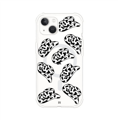 Funda para iPhone con diseño de múltiples sombreros vaqueros en estampado blanco y negro tipo vaca. Estilo western minimalista con vibe country. Producto de Remark Mx.