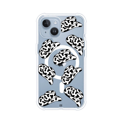 Funda para iPhone con diseño de múltiples sombreros vaqueros en estampado blanco y negro tipo vaca. Estilo western minimalista con vibe country. Producto de Remark Mx.