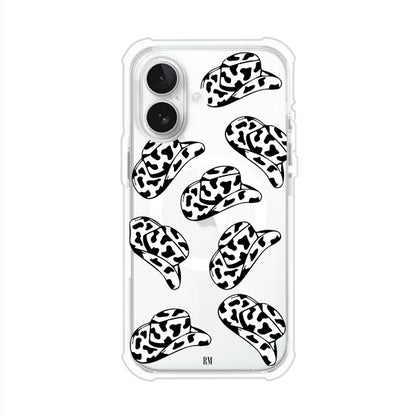 Funda para iPhone con diseño de múltiples sombreros vaqueros en estampado blanco y negro tipo vaca. Estilo western minimalista con vibe country. Producto de Remark Mx.