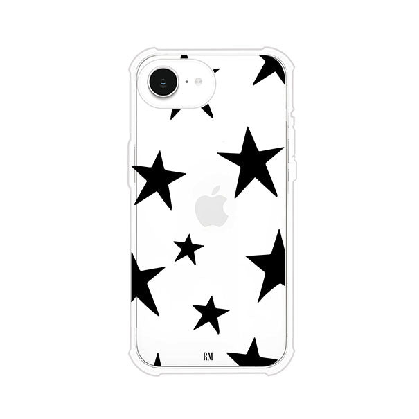 Funda personalizada para iPhone con diseño minimalista de estrellas negras sobre fondo transparente, estilo Black Stars de Remark MX