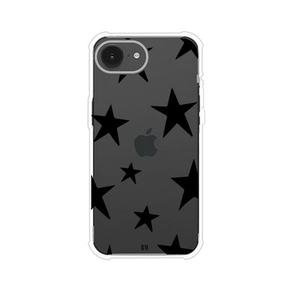 Funda personalizada para iPhone con diseño minimalista de estrellas negras sobre fondo transparente, estilo Black Stars de Remark MX