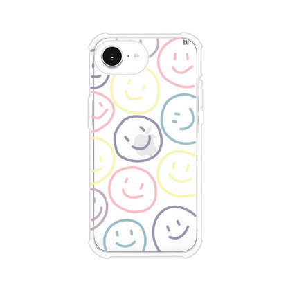 Funda personalizada para iPhone con diseño de caritas felices o happy faces en colores pastel, ideal para un estilo divertido y colorido; producto de Remark MX