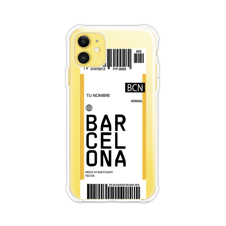 Funda personalizada estilo pase de abordar con diseño de Barcelona y código BCN, personalizable con nombre y datos de vuelo; producto de Remark MX para iPhone