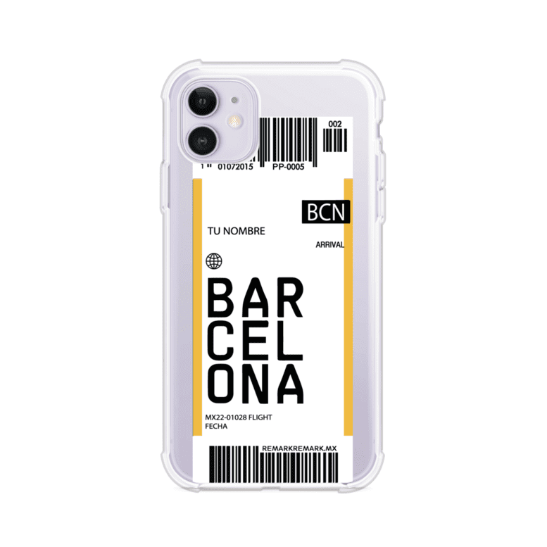 Funda personalizada estilo pase de abordar con diseño de Barcelona y código BCN, personalizable con nombre y datos de vuelo; producto de Remark MX para iPhone