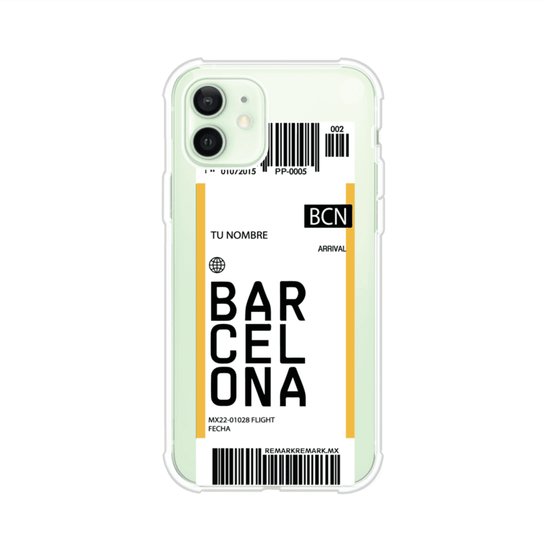 Funda personalizada estilo pase de abordar con diseño de Barcelona y código BCN, personalizable con nombre y datos de vuelo; producto de Remark MX para iPhone