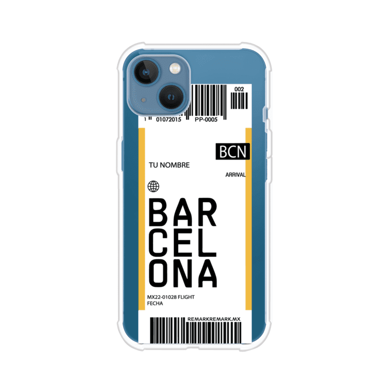 Funda personalizada estilo pase de abordar con diseño de Barcelona y código BCN, personalizable con nombre y datos de vuelo; producto de Remark MX para iPhone