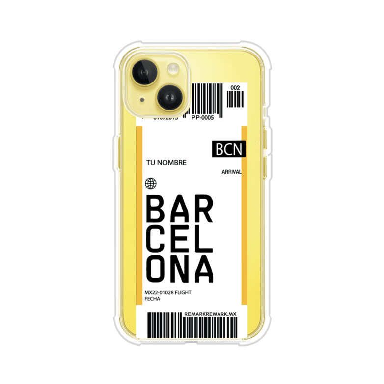 Funda personalizada estilo pase de abordar con diseño de Barcelona y código BCN, personalizable con nombre y datos de vuelo; producto de Remark MX para iPhone