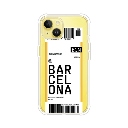 Funda personalizada estilo pase de abordar con diseño de Barcelona y código BCN, personalizable con nombre y datos de vuelo; producto de Remark MX para iPhone