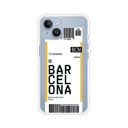 Funda personalizada estilo pase de abordar con diseño de Barcelona y código BCN, personalizable con nombre y datos de vuelo; producto de Remark MX para iPhone