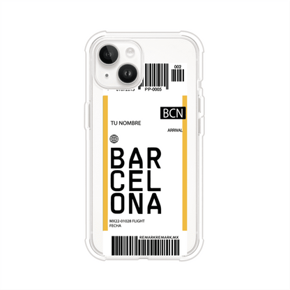 Funda personalizada estilo pase de abordar con diseño de Barcelona y código BCN, personalizable con nombre y datos de vuelo; producto de Remark MX para iPhone