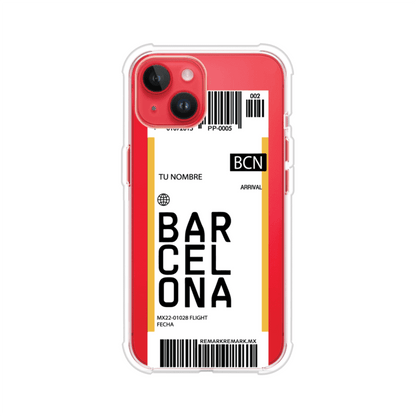 Funda personalizada estilo pase de abordar con diseño de Barcelona y código BCN, personalizable con nombre y datos de vuelo; producto de Remark MX para iPhone