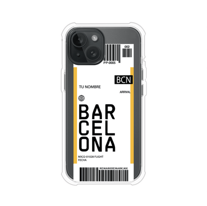 Funda personalizada estilo pase de abordar con diseño de Barcelona y código BCN, personalizable con nombre y datos de vuelo; producto de Remark MX para iPhone