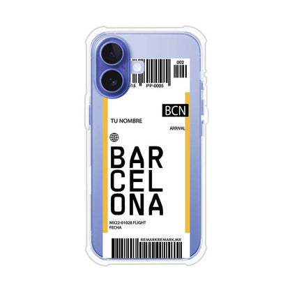 Funda personalizada estilo pase de abordar con diseño de Barcelona y código BCN, personalizable con nombre y datos de vuelo; producto de Remark MX para iPhone