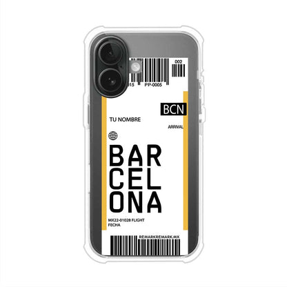Funda personalizada estilo pase de abordar con diseño de Barcelona y código BCN, personalizable con nombre y datos de vuelo; producto de Remark MX para iPhone