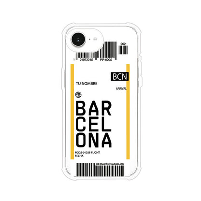Funda personalizada estilo pase de abordar con diseño de Barcelona y código BCN, personalizable con nombre y datos de vuelo; producto de Remark MX para iPhone