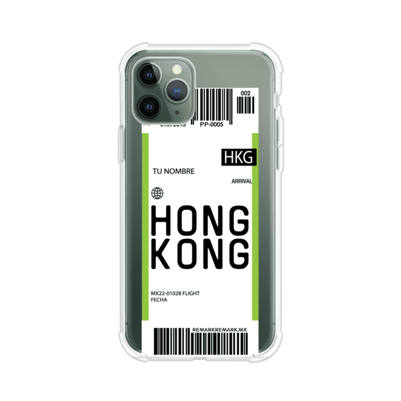 Funda personalizada estilo pase de abordar con diseño de Hong Kong y código HKG, personalizable con nombre y datos de vuelo; producto de Remark MX para iPhone