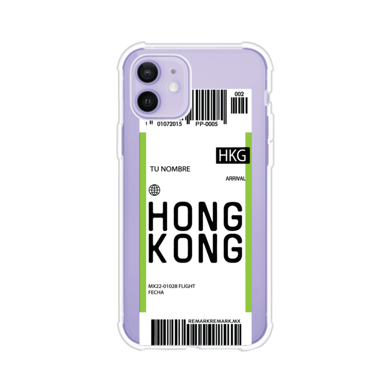 Funda personalizada estilo pase de abordar con diseño de Hong Kong y código HKG, personalizable con nombre y datos de vuelo; producto de Remark MX para iPhone