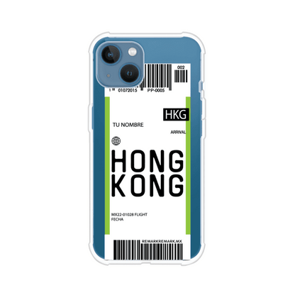 Funda personalizada estilo pase de abordar con diseño de Hong Kong y código HKG, personalizable con nombre y datos de vuelo; producto de Remark MX para iPhone